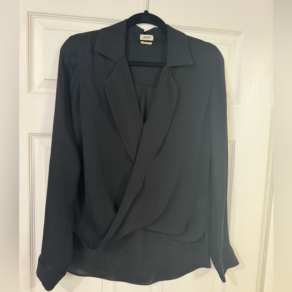 L’agence Rita Drape Front Silk Blouse in Black Size S